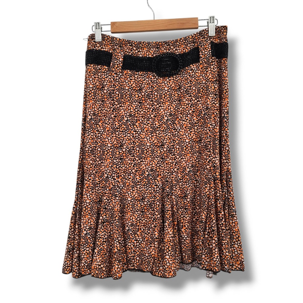 Metro Wear Womens Petite Large Orange Black Bubble Dot Belted Flared Skirt PL